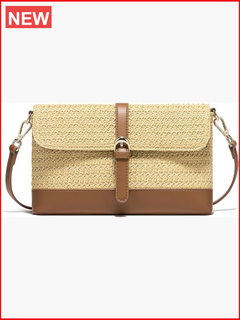 Straw Bag With Detachable Shoulder Strap, Woven Raffia & Pu Leather Handbag